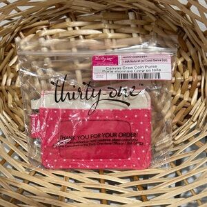 Thirty-One Coral and Beige Canvas Coin Purse NEW